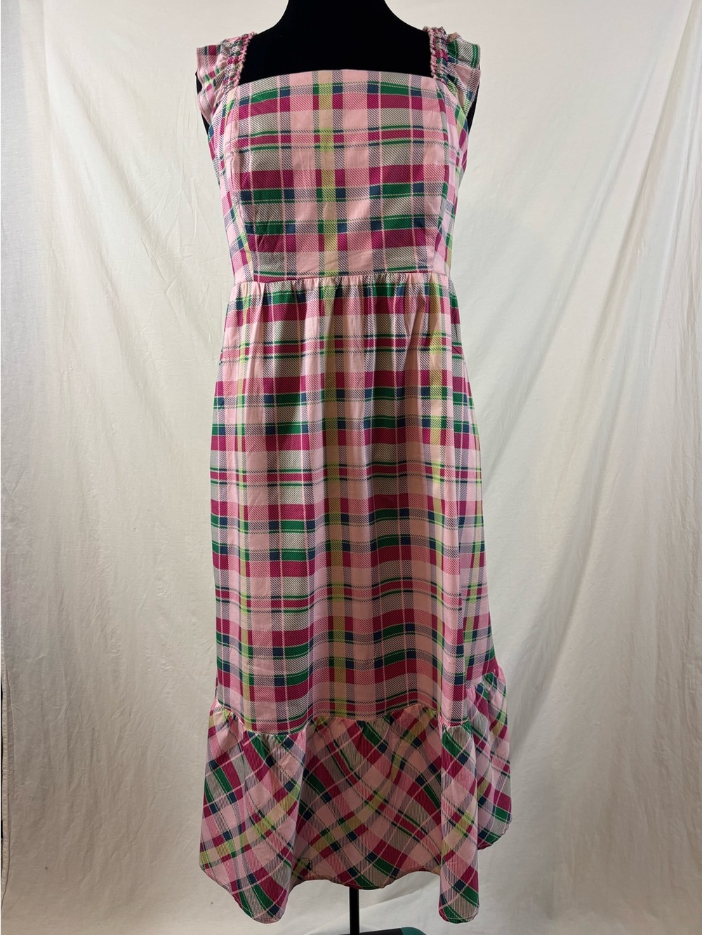Torrid 1X Pink Plaid Midi Dress Ruffle Strap Smocked Romantic Cottagecore NWT